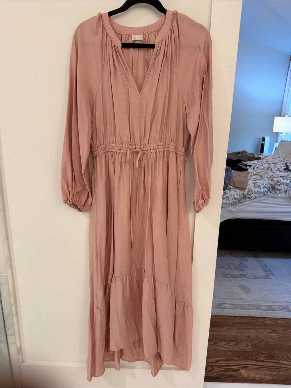 Target/A New Day Long Sleeve V-Neck Pink Maxi Dress with Drawstring Waist